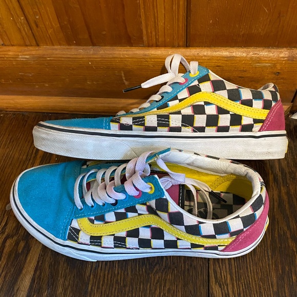 Blue yellow pink checkered vans Clearance